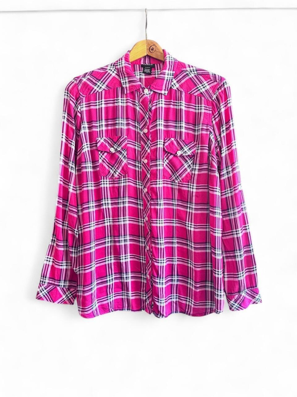 Torrid Plaid Shirt Button Down Tab Sleeve Pink White Navy Blue Plus Size 0 0X 12